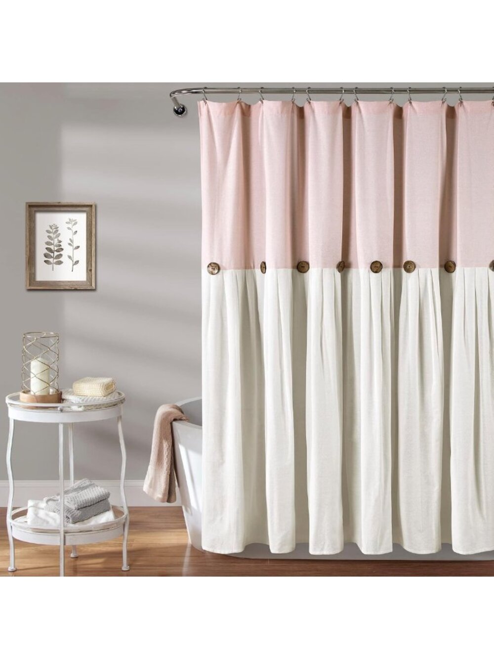 Chic Blush & Off White Linen Button Shower Curtain 72" x 72" - Farmhouse